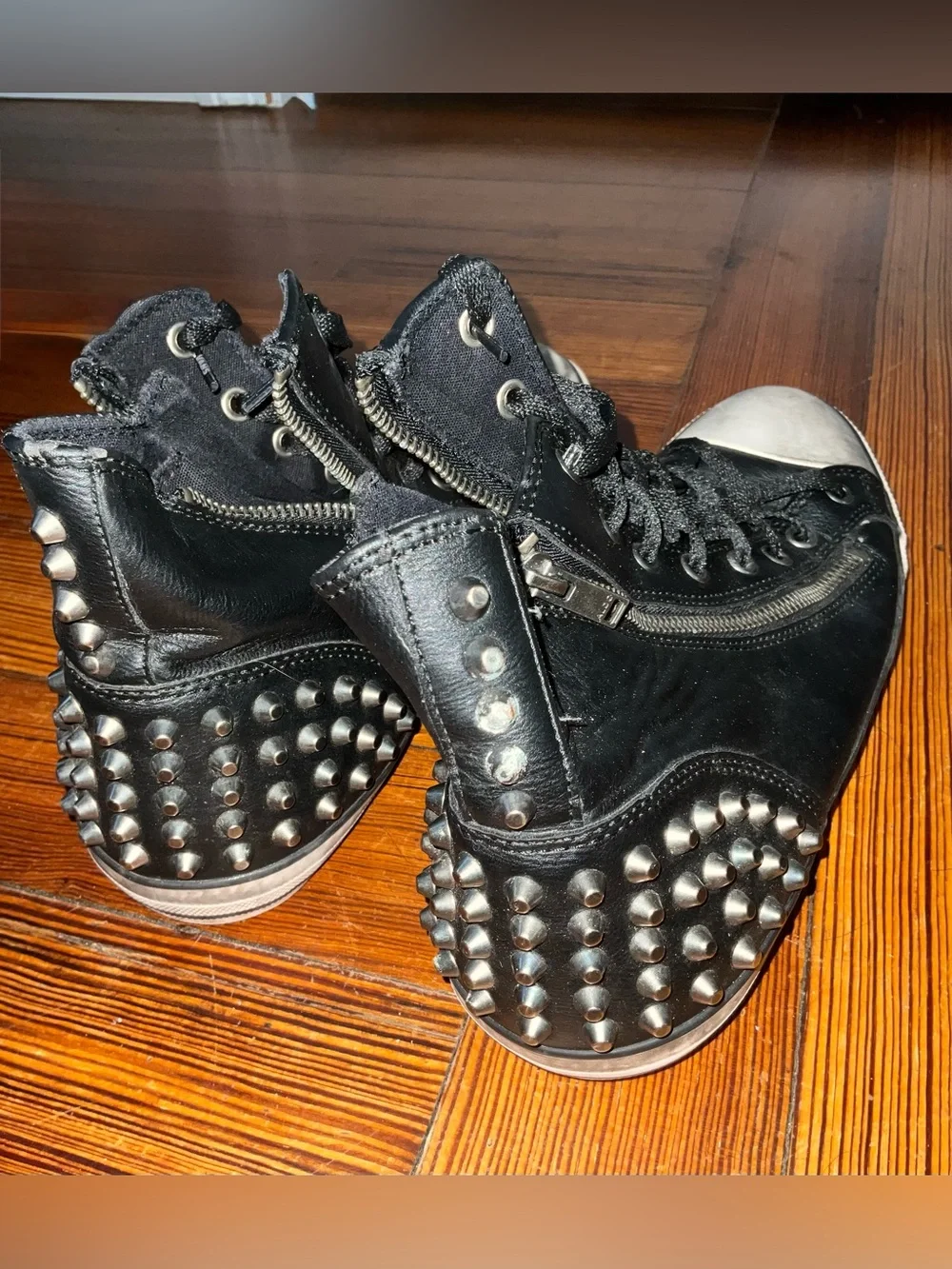 Aldo men’s Black Leather Studded High-Top Sneakers with White Toe Caps